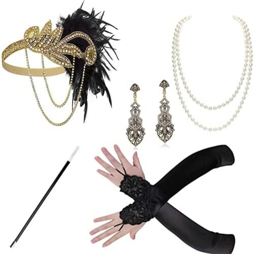 Halloween Party 1920s Women Accessories 20s Flapper Costume Gasty Headband Earrings Necklace Gloves Cigarette Holder