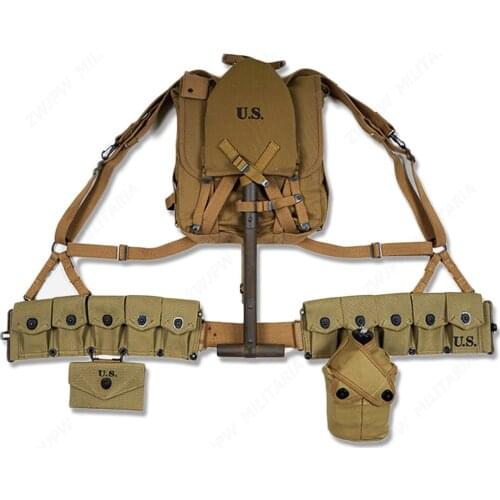 WW2 US ARMY EQUIPMENT CONBINATION USMC UPPER BACKPACK WITH STRAPS T-TYPE SPADE WITH TEN CELL POUCH Military War Reenactments