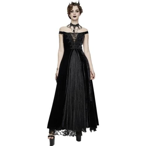 EVA LADY New Womens Gothic Velvet Long Skirt Gorgeous Fashion Lace Splicing Off Shoulder Short Sleeve Casual Dress