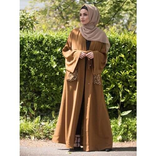 Plus size Fashion diamond beading pocket abaya for muslim adult female full length prayer islamic cardigan dress with belt F1289