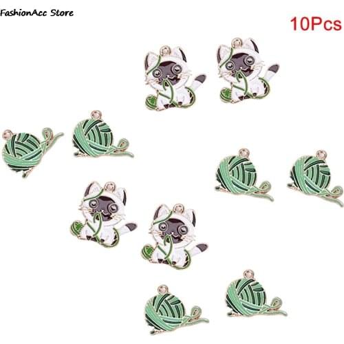 10Pcs/Set Alloy Metal Enamel Knitting Wool Ball Charms Dangle Fashion Cat Animal Pendants For Bracelet Earrings Jewelry Making