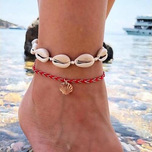 2Pcs/Set Cowrie Shell Charm Womens Woven Anklet Bracelet Summer Beach Jewelry