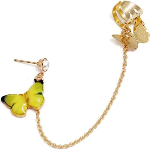 2Pcs/Lot Unique Personality Women Girls Enamel Butterfly Ear Studs Earrings With Chain Gold Color Ear Cuff Jewelry Gifts