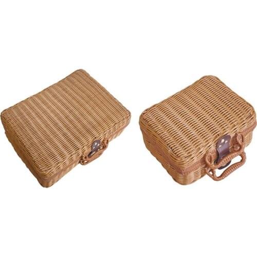 Home Retro Straw Rattan Storage Box Picnic Travel Basket Suitcase Handbag