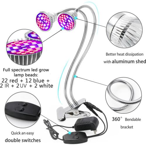 Dual Head Led Grow Light with Holder Clip Plants Lamps for Flower Hydroponics System Indoor Garden Greenhouse
