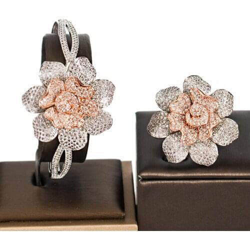 LAN PALACE new arrival wedding jewelry cubic zirconia bridal jewelry set big flowers bangle and ring set free shipping