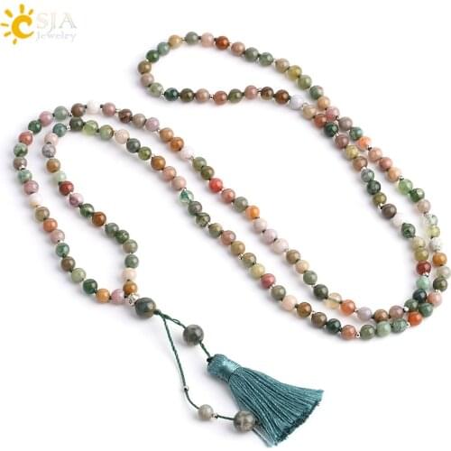 CSJA 4mm Natural Stone Indian Onyx Long Necklace Tassel Pendant Buddhist Rosary Mala Beads Necklaces for Women Men Jewelry G069