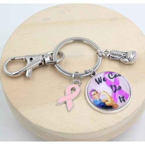 New Arrival Breast Cancer Jewelry We can do it Fighting Box Glove Pink Ribbon Charms Key Chain Breast Cancer Keyrings Gifts