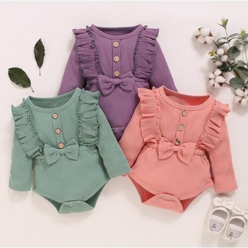 Toddler’s Spring Autumn Clothes Solid Color Ruffle Long Sleeves Ribbed Rompers with Bowknot for Baby Girl 0-18 Months