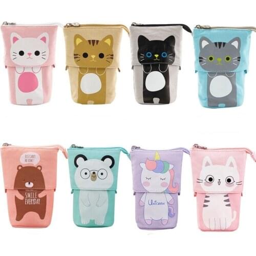 NEW Canvas Cat Telescopic Pencil Pouch Bag Cartoon Cute Stationery Pen Case Box with Zipper Closure Pencil Case Cartoon Cat Bag