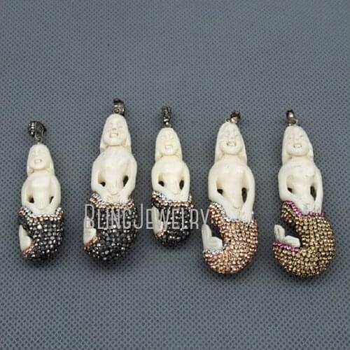 P15080511 Craved Mermaid Face Charm With Rhinestone pave Cap