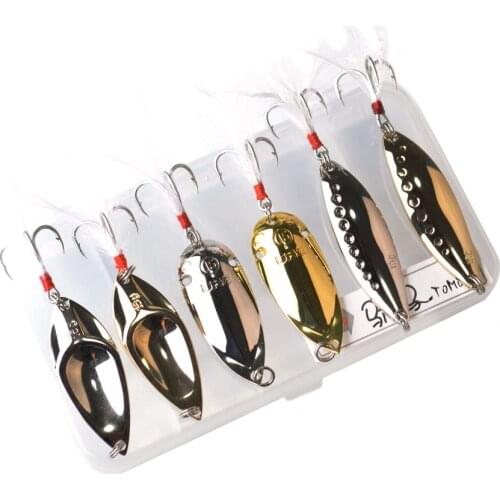 TOMA 6pcs 10g 13g 15g Metal Luminous Spoon Bait Spinner Hard Fishing Lure Sequins With Feather Hooks Wobbler Bass Pesca Tackle