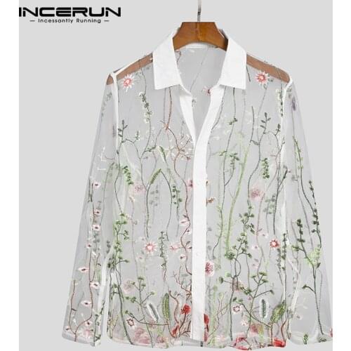 INCERUN 2021 Men Shirt Embroidered Mesh See Through Lapel Streetwear Long Sleeve Men Clothing Party Nightclub Sexy Camisas 5XL 7