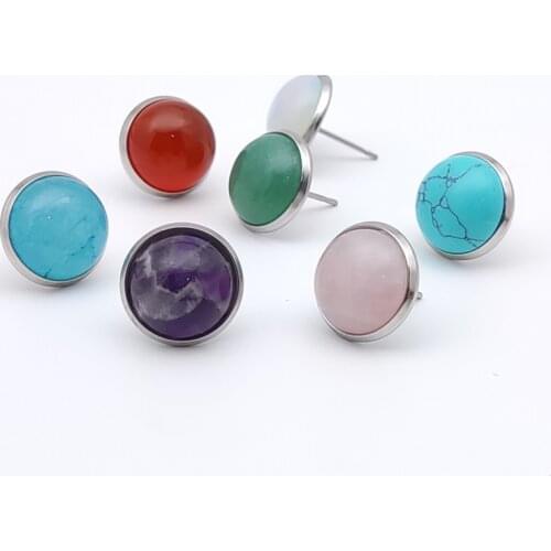 12MM Stone Pendant Stainless Steel Stud Earrings Jewelry Tiger Eye Opal Blue Pink Crystal Earings Women Men Gift