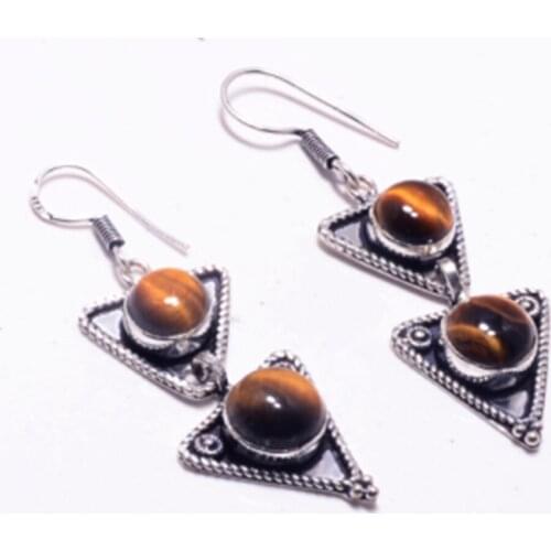 Genuine Tiger Eye Silver Overlay on Copper Earrings , Hand made Women Jewelry Gift, E5588