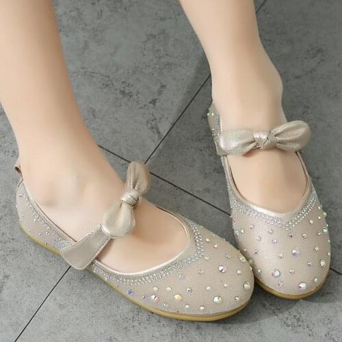 Girls Leather Shoes Kids Crystal Shoes for Wedding Party Bling Rhinestone Children Dress Shoes Flats Soft Bow-knot Princess Chic