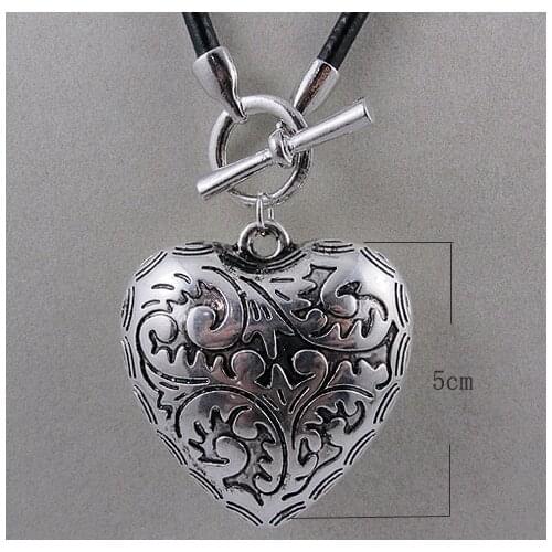 Unique Pearls jewellery Store Big Size Silver Heart With Black Leather Rope Necklace,Charming Girl Gift Birthday Party Jewelry