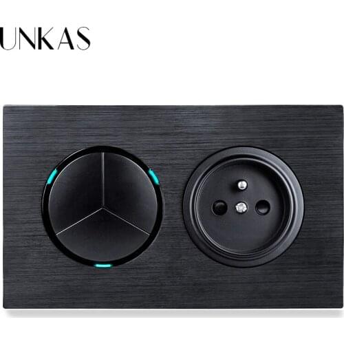 UNKAS 3 Gang 1 Way / 2 Way + French Standard Wall Power Socket On / Off Light Switch LED Indicator Black Aluminum Panel 16A