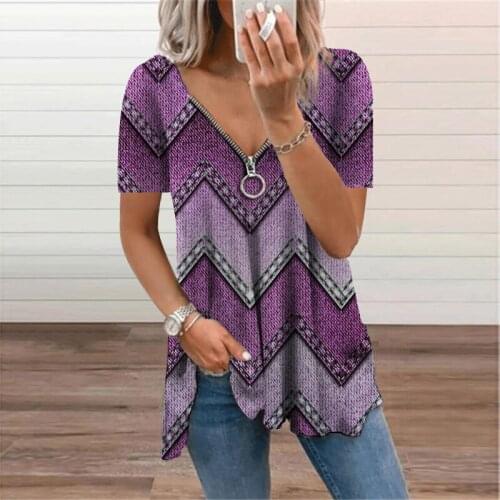 2021 New Summer Fashion Printed Women T-Shirts Floral Casual Zipper Tops Short Sleeve Hollow Loose Oversize V-neck Lady Pullover