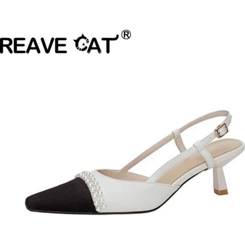 REAVE CAT 2021 Genuine Leather Pumps Mixed Colors Beading Pointed Toe Back Strap Slingbacks 5.5cm Strange Heel US11 White A4309
