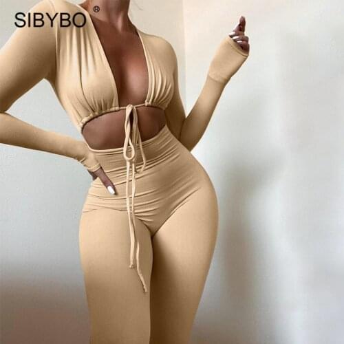 Sibybo White Long Sleeve Sexy Rompers Women Jumpsuit Casual Hollow Out Lace Up Bodycon Jumpsuits 2021 Femme Workout Overalls