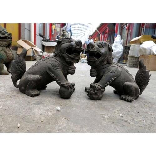 10" China old iron guard Foo Dogs Lion Incense Burner pair Sculpture Statue