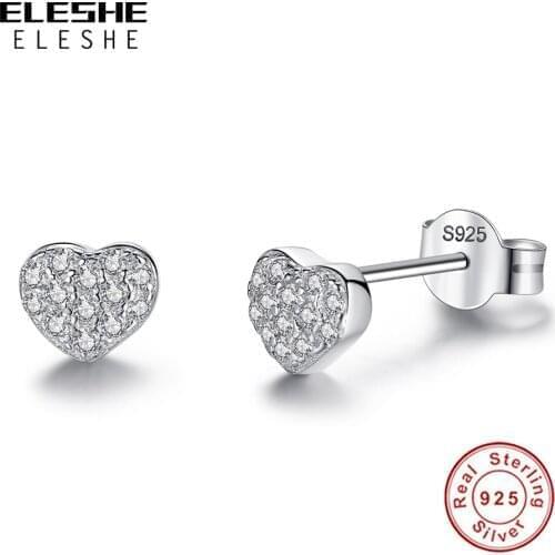 100% 925 Sterling Silver With Crystal CZ Stud Earrings Heart Romantic Earrings For Women Jewelry Wedding Gift