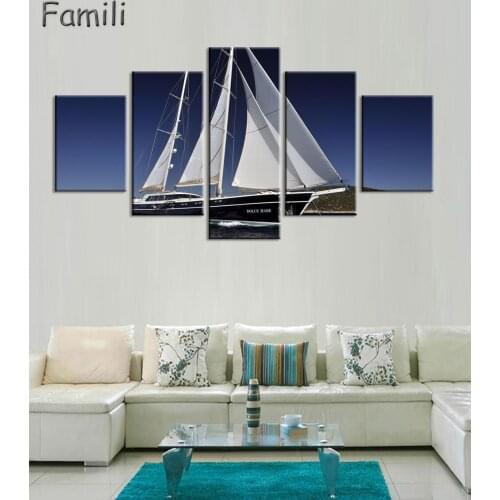 5Pieces High Quality Painting Home Living Room Wall Decor Sailboat Sea Blue Sky Print Oil Painting Canvas Art Picture Unframed
