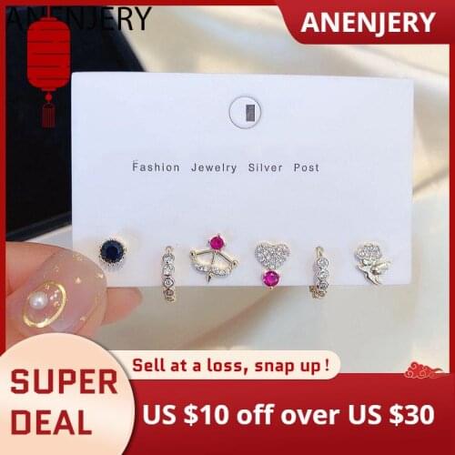 ANENJERY Lovely Cupids Arrow Flower Stud Earrings Set Gold Silver Color Colorful Cubic Zircon 6-piece Earrings Set S-E1203