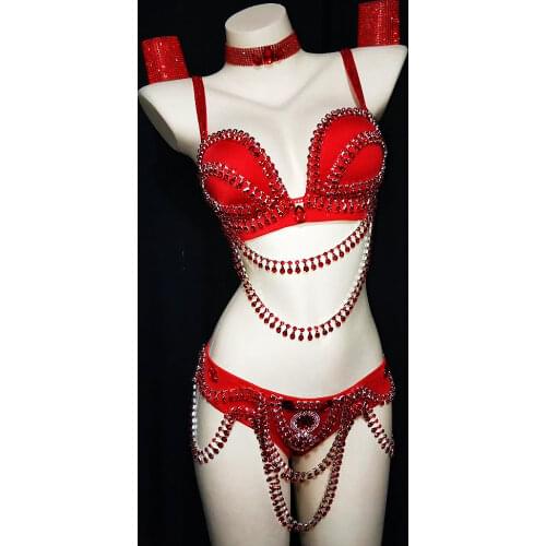 Shining Inlaid Red Rhinestones Tassel Glistening Crystal Bikini Outfit Women Evening Prom Outfit Nightclub Costumes