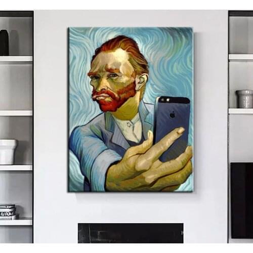 Large Size 100% Hand Painted Funny Art Van Gogh Selfie By Phone Canvas Painting Abstract Wall Pictures For Home Decor Frameless