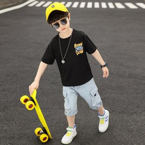 Kids 2pcs boys summer cotton suits new letters printed short-sleeved T-shirt pant new Childrens clothes