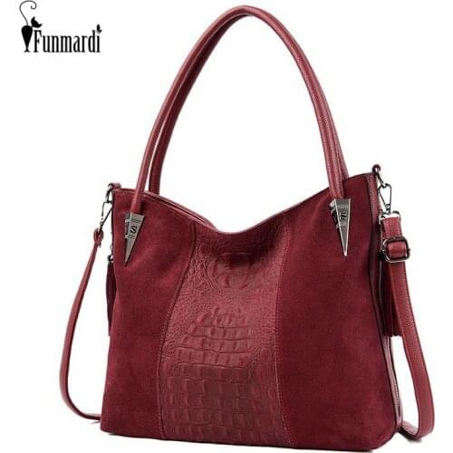 FUNMARDI Crocodile Pattern Suede Women Handbags Winter Nubuck leather Handbag Embossing Shoulder Bag Tassel Women Bags WLHB2185