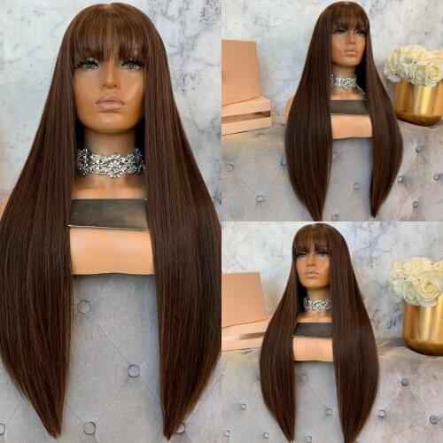 Brown Silky Straight 360 Lace Front Human Hair Fringe Wigs for Black Women 180 Density Lace Frontal Wigs with Bangs