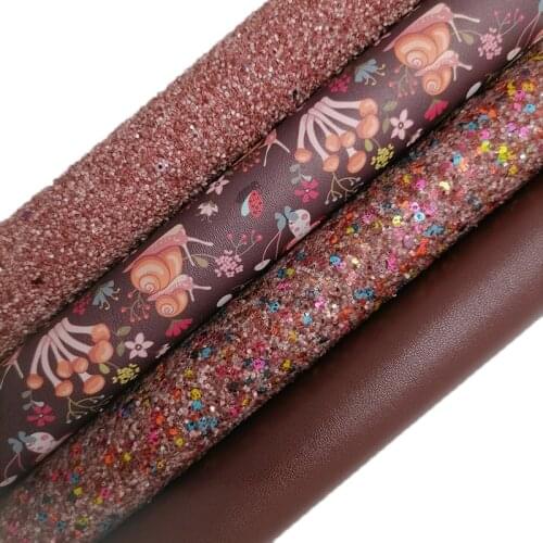 Plum Glitter leather, Mushroom Snails Printed synthetic leather, Nappa Faux Leather Sheets For Bows DIY 21x29CM KM676