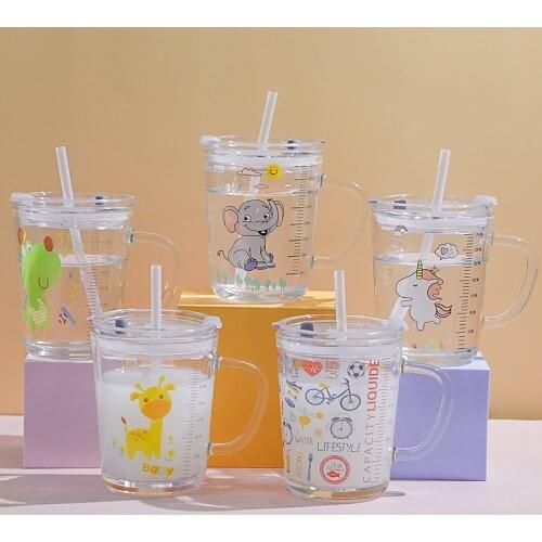 Creative straw glass cup with graduation baby milk cup with lid childrens cup with handle breakfast cup