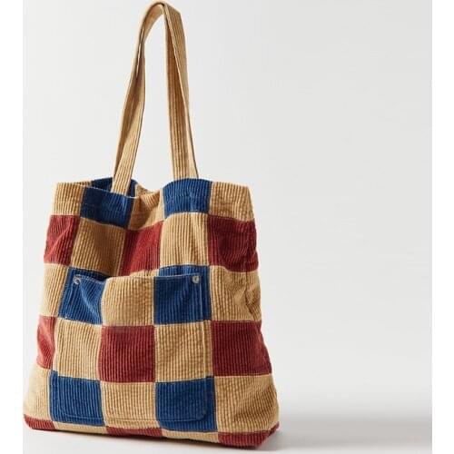 Korean Plaid Patchwork Casual Tote for Women Japanese Canvas Shopper Female Handbags Back to Work Weekend Ladies Shoulder Bag