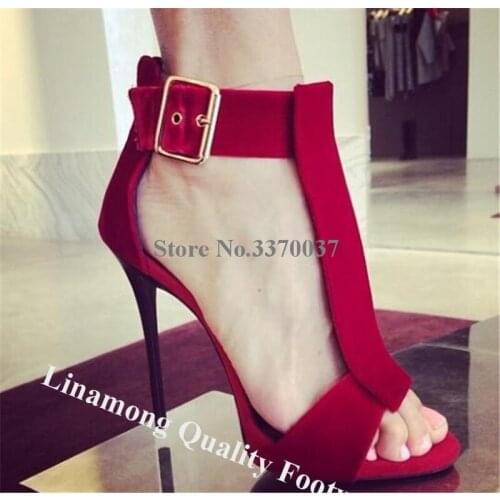 Linamong Newest Suede Leather T-strap Stiletto Heel Gladiator Sandals Red Ankle Buckle High Heel Sandals Formal Dress Shoes