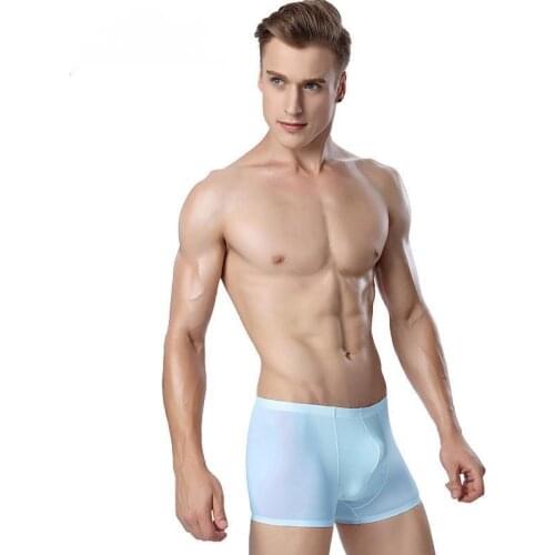 Summer Mens Ice Silk Underwear Man Boxer Briefs One Piece Flat Top Breathable Thin Sexy Transparent Four Legged Pants