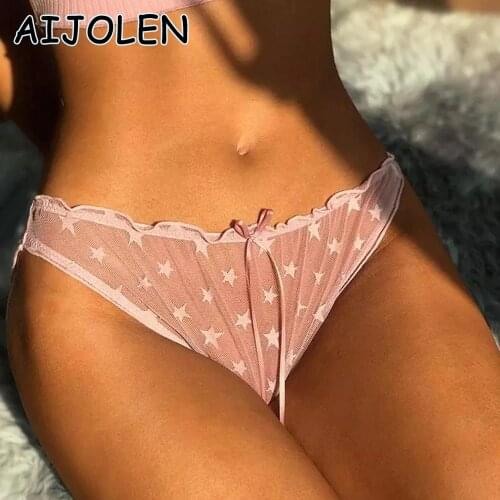AIJOLEN Low Waist Lace Pink Briefs Mesh Hollow Transparent Star Underwear Ladies Ruffled Bow Cute Lace Panties