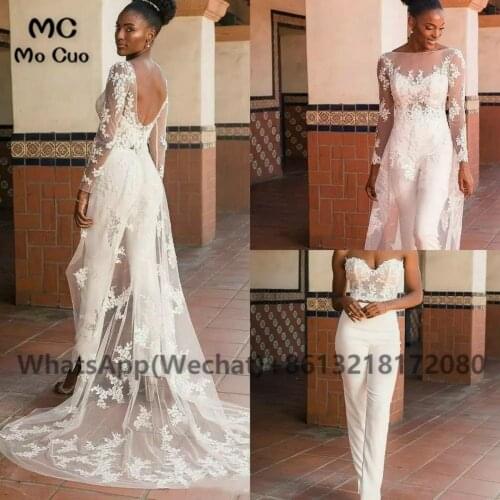 Vintage Beach Wedding Jumpsuit Dresses with Wrap Appliques Lace Dresses For Nigerian Wedding Front Slit White Bridal Gowns