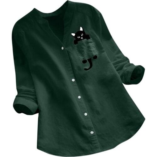 Women Cotton Linen Casual Blouse Cat Printed Long Sleeve Blouse Button Down Blouse Tops Blusas Femininas De Verao 2021 #G3