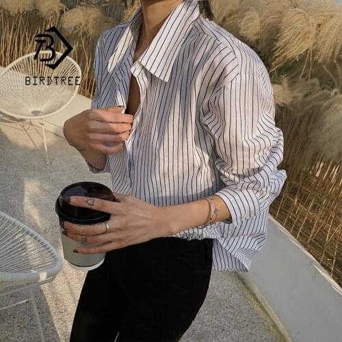 2020 Autumn New Arrival Women Vintage Oversized Striped White Shirt Batwing Sleeve Blouse Casual Tops Feminina Blusa T06610F