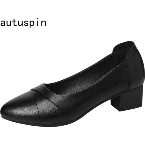 Autuspin Classic Black High Heel for Women Fashion Genuine Leather Soft Casual Pumps Office Lady Working Party Dress Shoes Woman