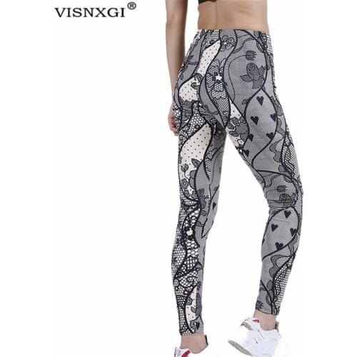 VISNXGI Grey Graffiti Tights Pants Women High Waist Leggings Breathable Gym Fitness Push Up Love Printing Flowers Grid Clothing