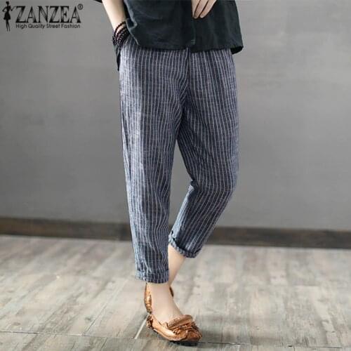 ZANZEA 2021 Women Harem Pants Striped High Waist Long Casual Loose Trousers Pockets Work Femme Pantalon Streetwear Oversized