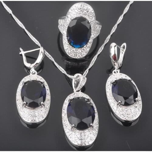 Blue Zirconia Womens Wedding Silver Color Jewelry Sets Earring And Necklace Sets Pendant Rings Russian Style QZ0301
