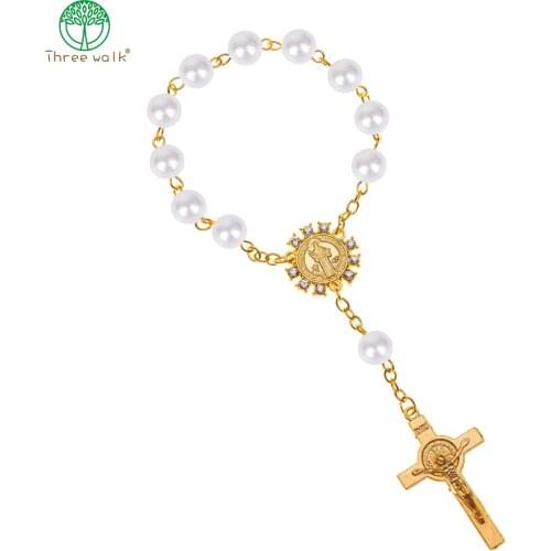 10pcs Imitation Pearl Beads Catholic Rosary Catholic Holy Communion Golden color Wings Crucifix Pendants Bracelet nice gift