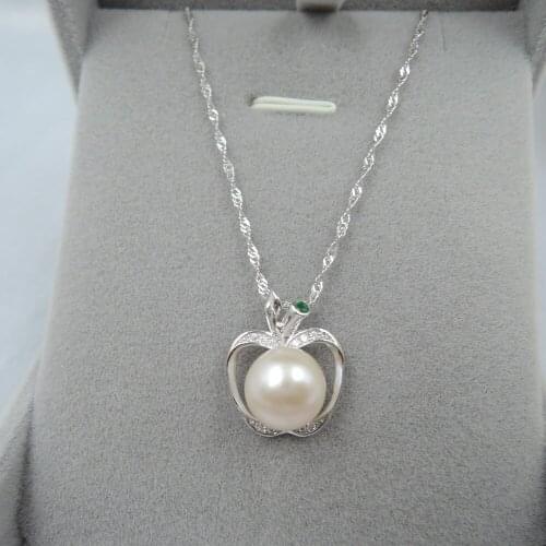 100% nature freshwater round pearl necklace with 925 silver chain-AAAA PEARL-Apple shape ,good for christmas gift