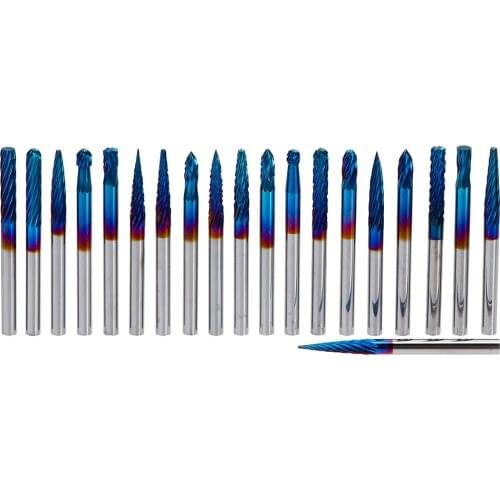 20pcs End Mill CNC Router Bit 3mm Nano Blue Coating Rotary Burs Set Double Cut Coat Carbide File Carving Tools Grinding Bit